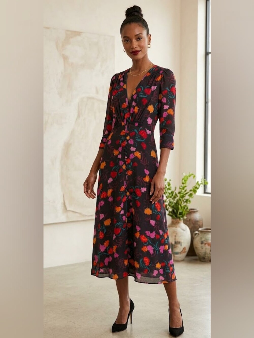 SALONI Lea Dress Midi Sz 2 Floral 100% Silk